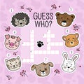 Crossword puzzle game for preschool kids activity. Guess who. Animals doodle style